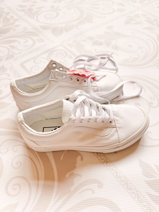 Vans Shoes - Vans White Canvas Low-Top Sneakers with Red Logo Tag